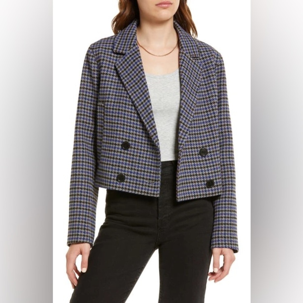 NWT Treasure and Bond Houndstooth Crop Blazer In Blue- Grey Herringbone, Large